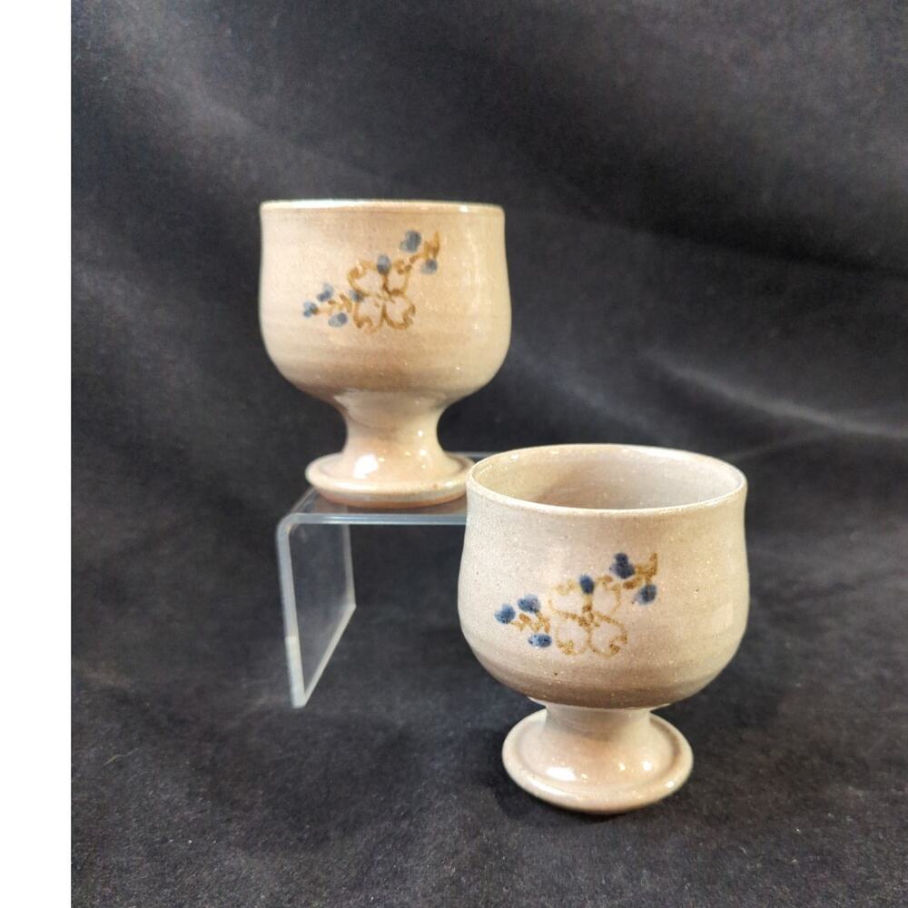 Vintage Jugtown Ware Pottery 2 Small Footed Wine, Espresso, Cordial Cups 4 oz